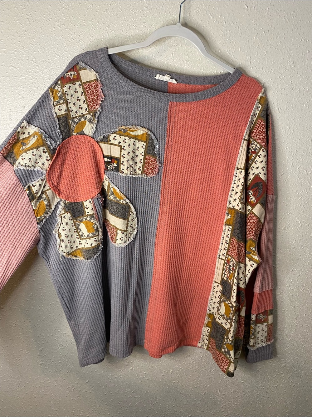 easel Coral and Gray Waffle Knit Patchwork Thermal Long Sleeve Top - Picture 1 of 6